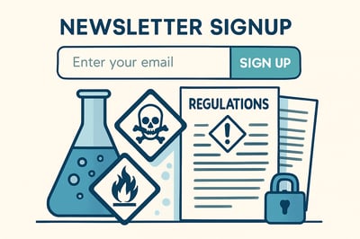 Newsletter signup illustration featuring chemical safety icons and regulatory documents