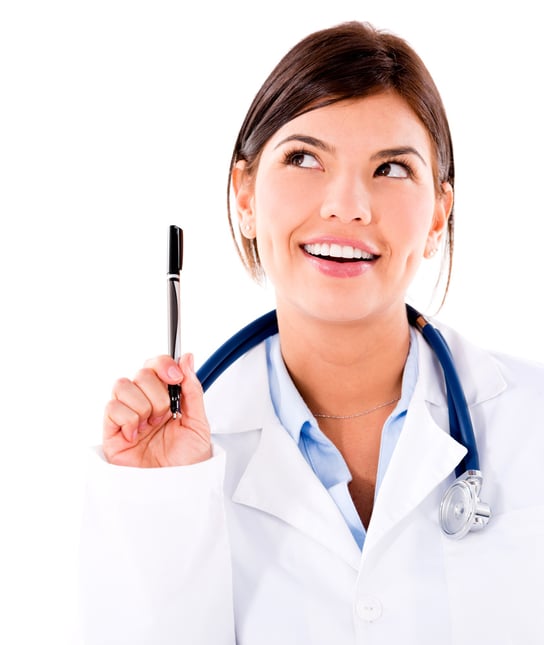 Pensive female doctor having an idea - isolated over white