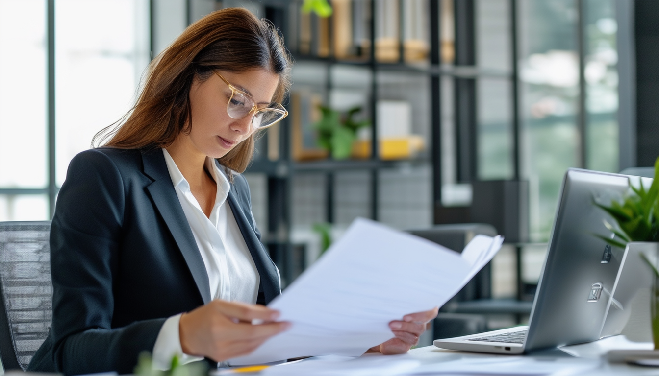 A business professional reviewing compliance docum
